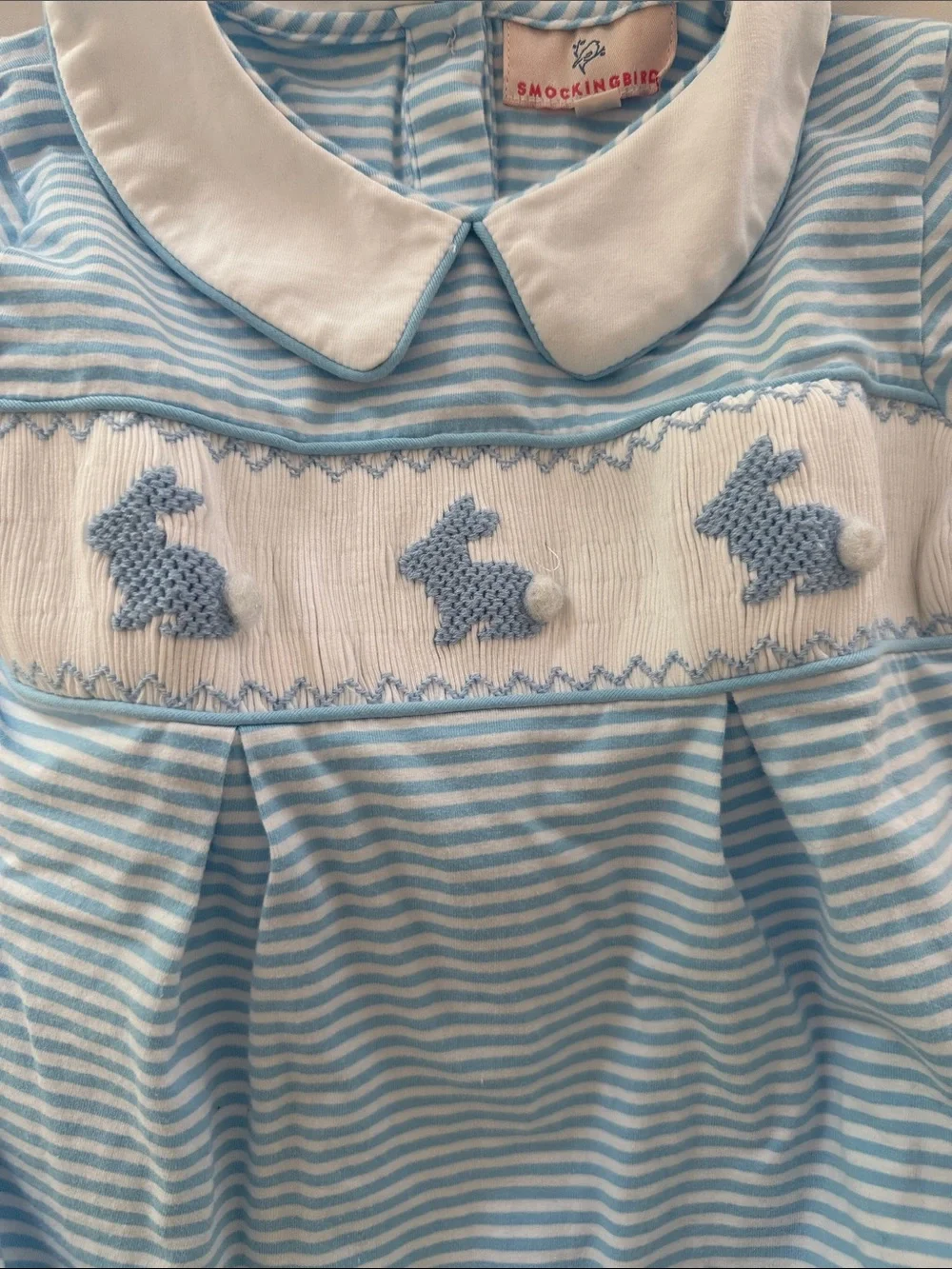Smockingbird boys’ smocked bunnies striped blue onesie size 2